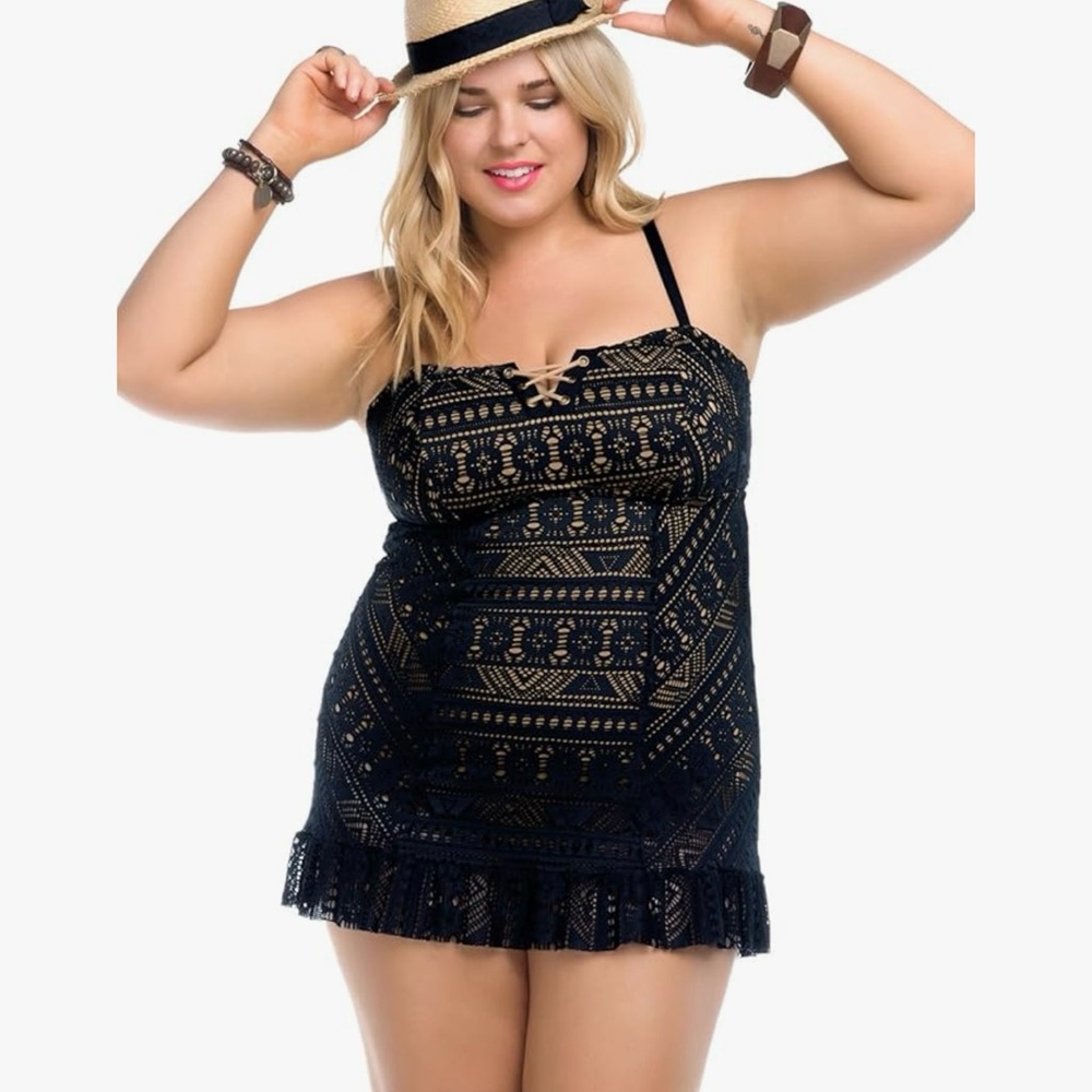 BECCA Rose Crocheted Lace Skirted One-piece Plus-Size Swimsuit